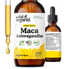 Front view of Wild & Organic Maca Ashwagandha Drops bottle, 2 oz