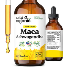 Front view of Wild & Organic Maca Root Ashwagandha Drops bottle