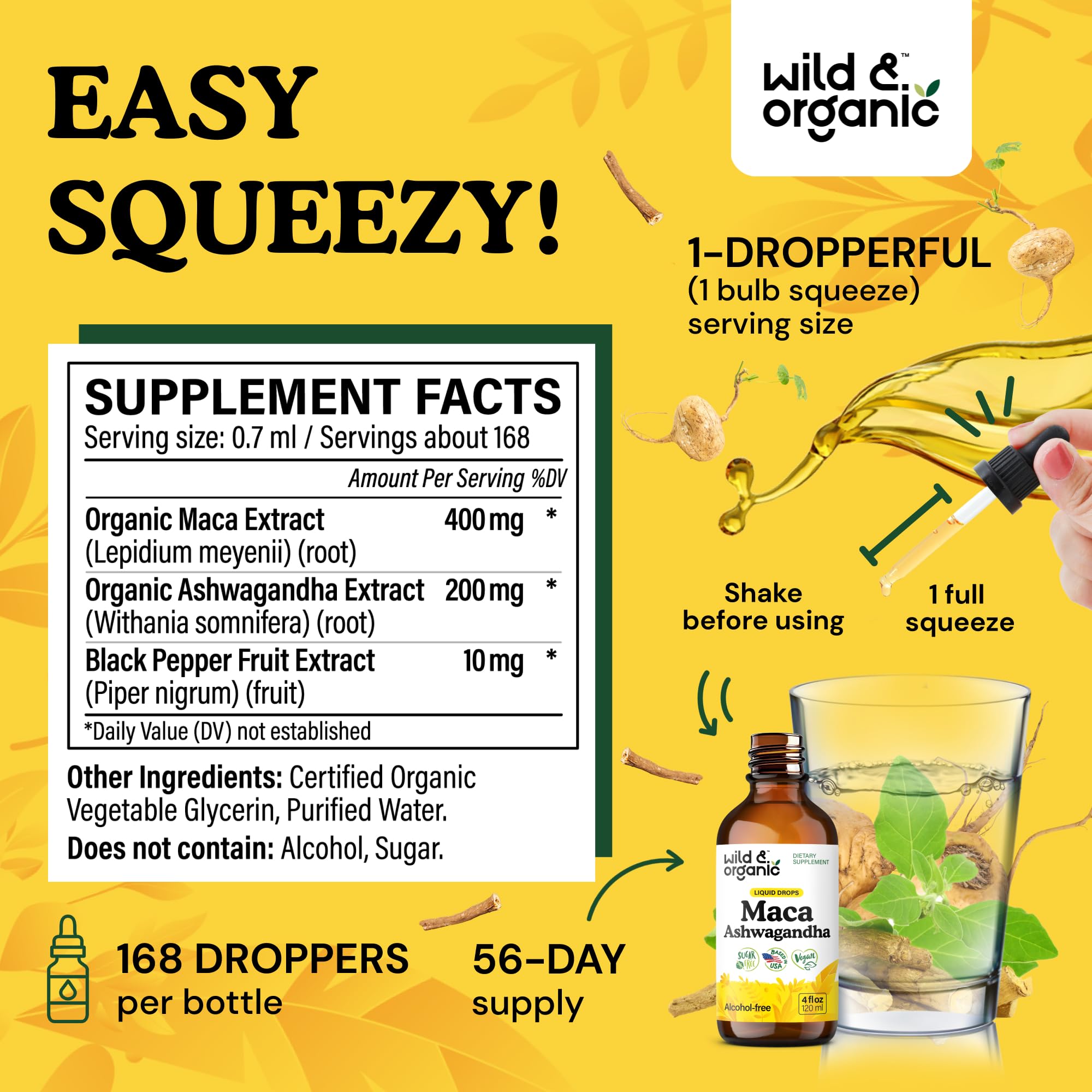 Usage and serving directions for Wild & Organic Maca Root Ashwagandha Drops