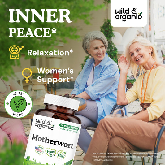 Back label of Wild & Organic Motherwort Capsules with dosage information