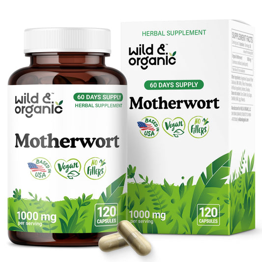 Front view of Wild & Organic Motherwort Capsules bottle showing 1000 mg per serving