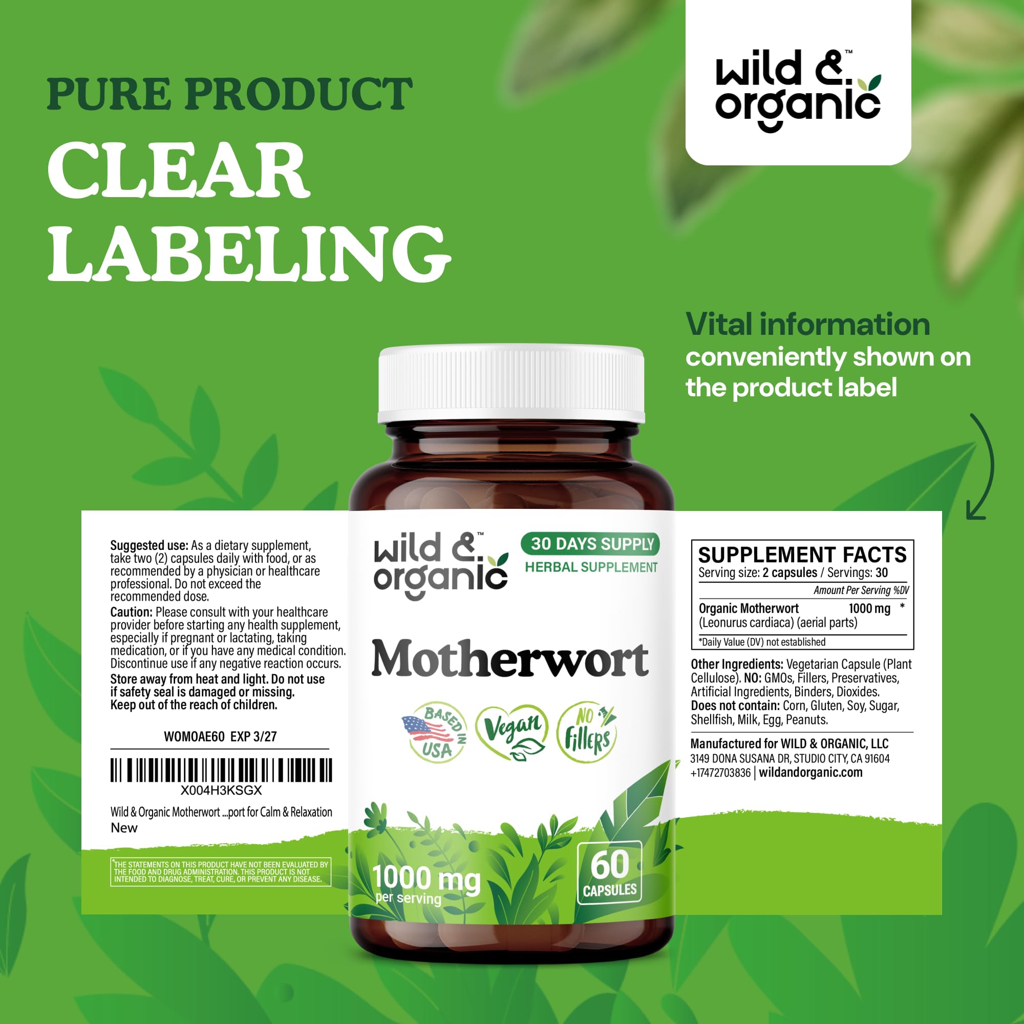 Nutrition facts and allergen-free symbols on the bottle label