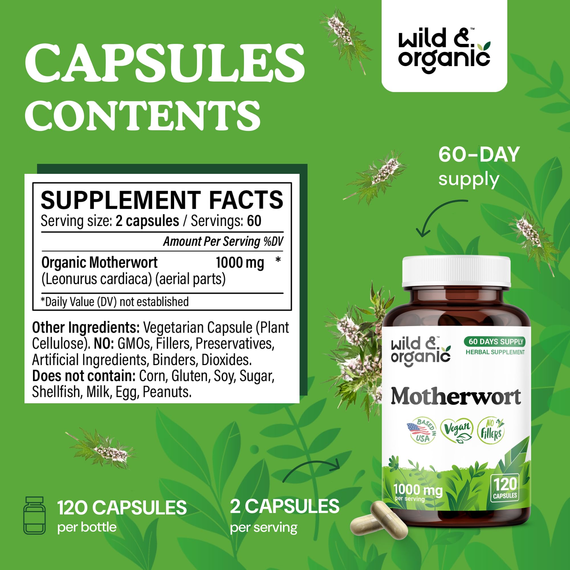 Bottle of Wild & Organic Motherwort Capsules with 120 capsules for a 60-day supply