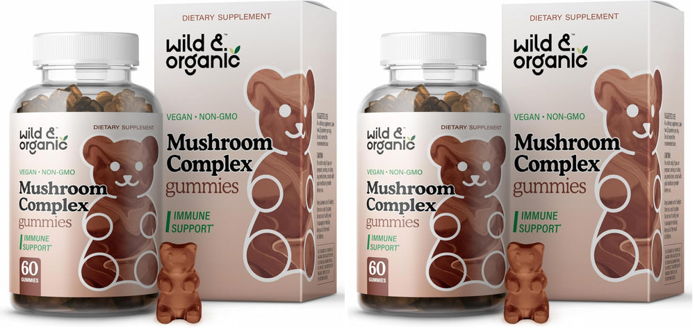 Front view of Wild & Organic Mushroom Gummies two-pack with two 60-count bottles