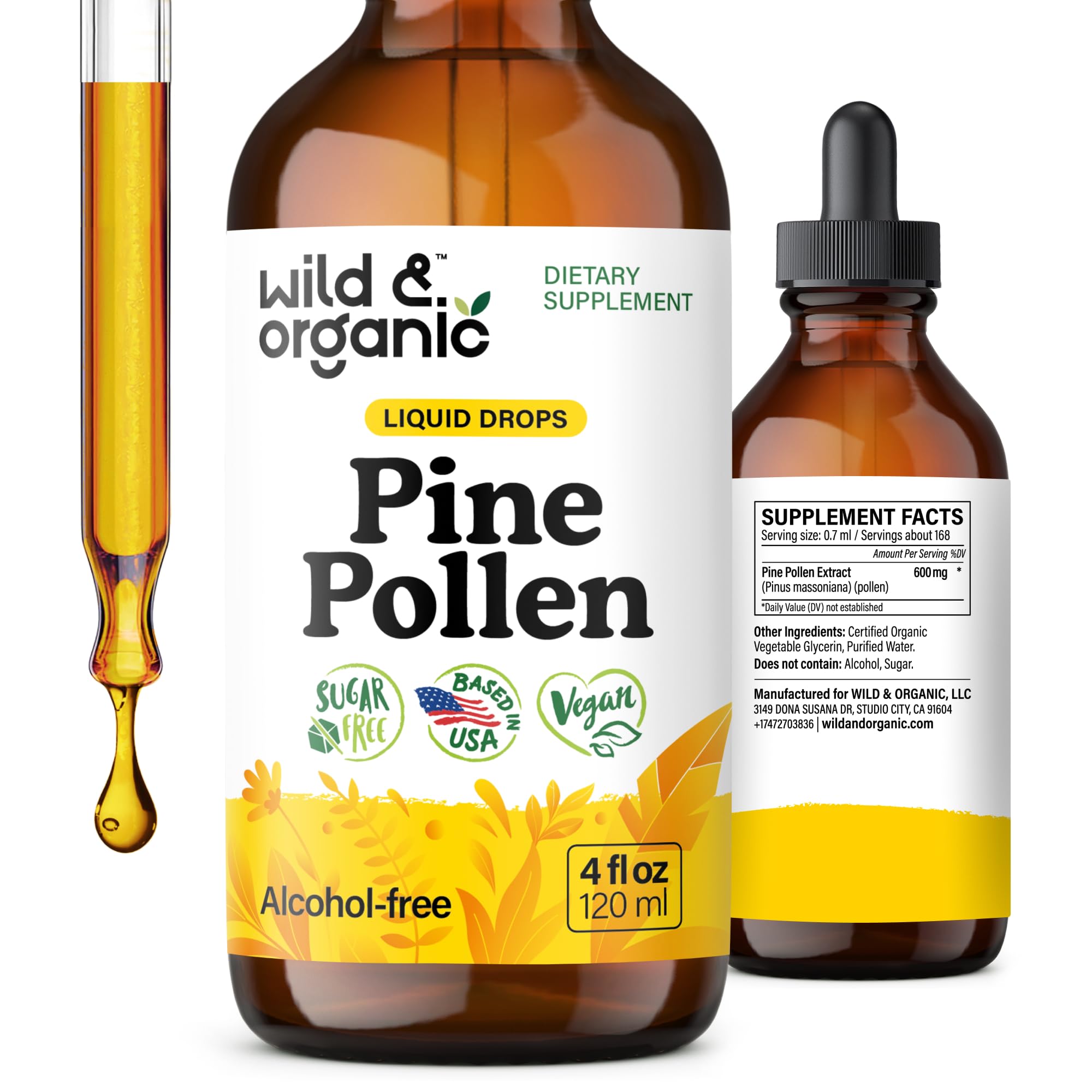 Front view of Wild & Organic Pine Pollen Tincture bottle, 4 oz