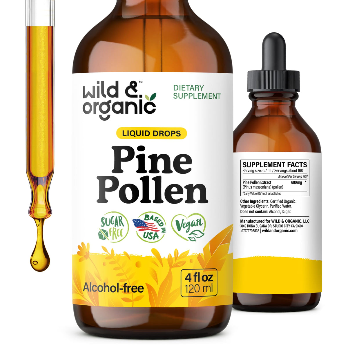 Front view of Wild & Organic Pine Pollen Tincture bottle, 4 oz
