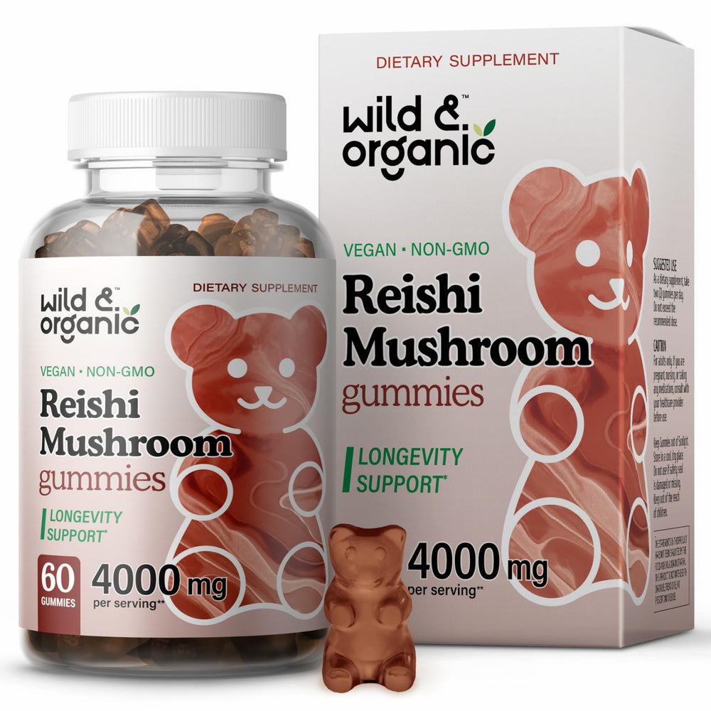Bottle of Wild & Organic Reishi Gummies with mango flavor