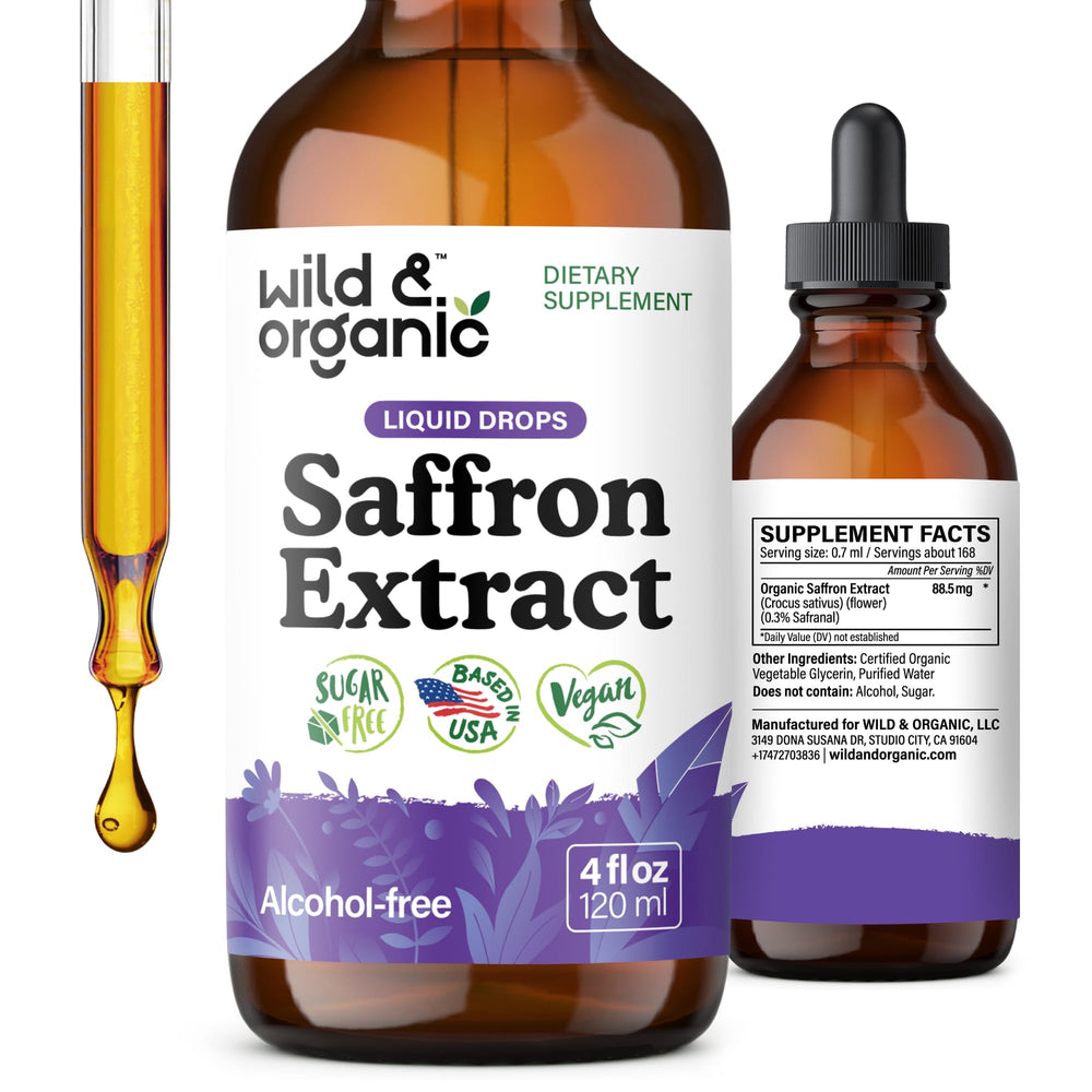 Front view of Wild & Organic saffron tincture 4 oz bottle