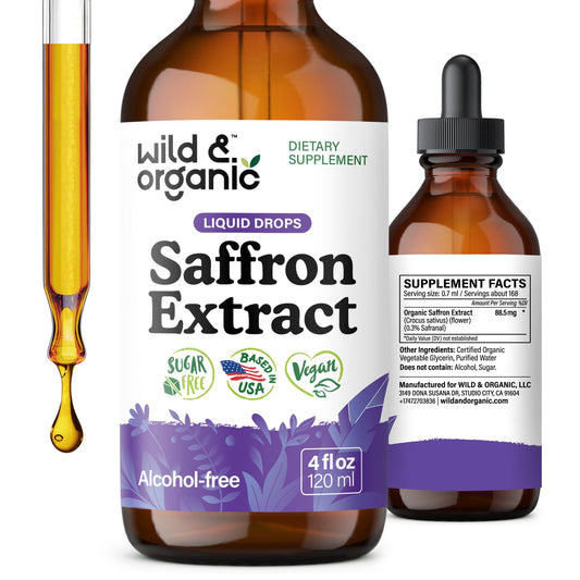 Front view of Wild & Organic saffron tincture 4 oz bottle