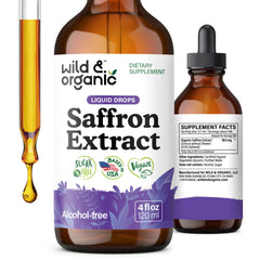Front view of Wild & Organic saffron tincture 4 oz bottle