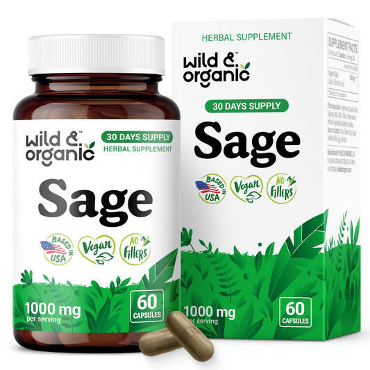 Front view of Wild & Organic Sage Capsules bottle with label