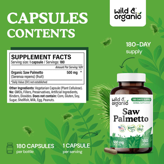 Bottle label for Wild & Organic Saw Palmetto capsules 500 mg