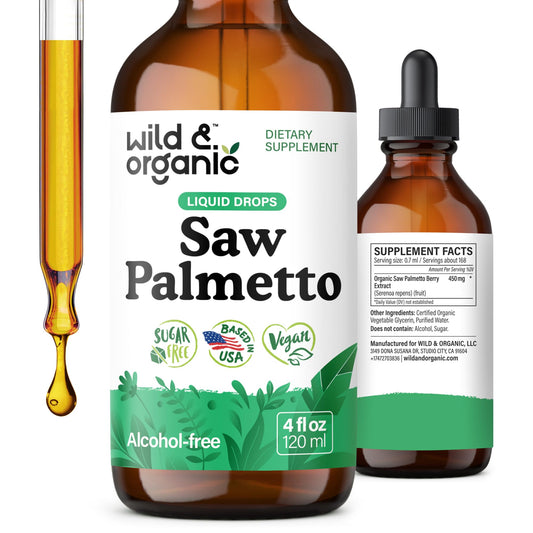 Front view of Wild & Organic Saw Palmetto Tincture 4 oz bottle