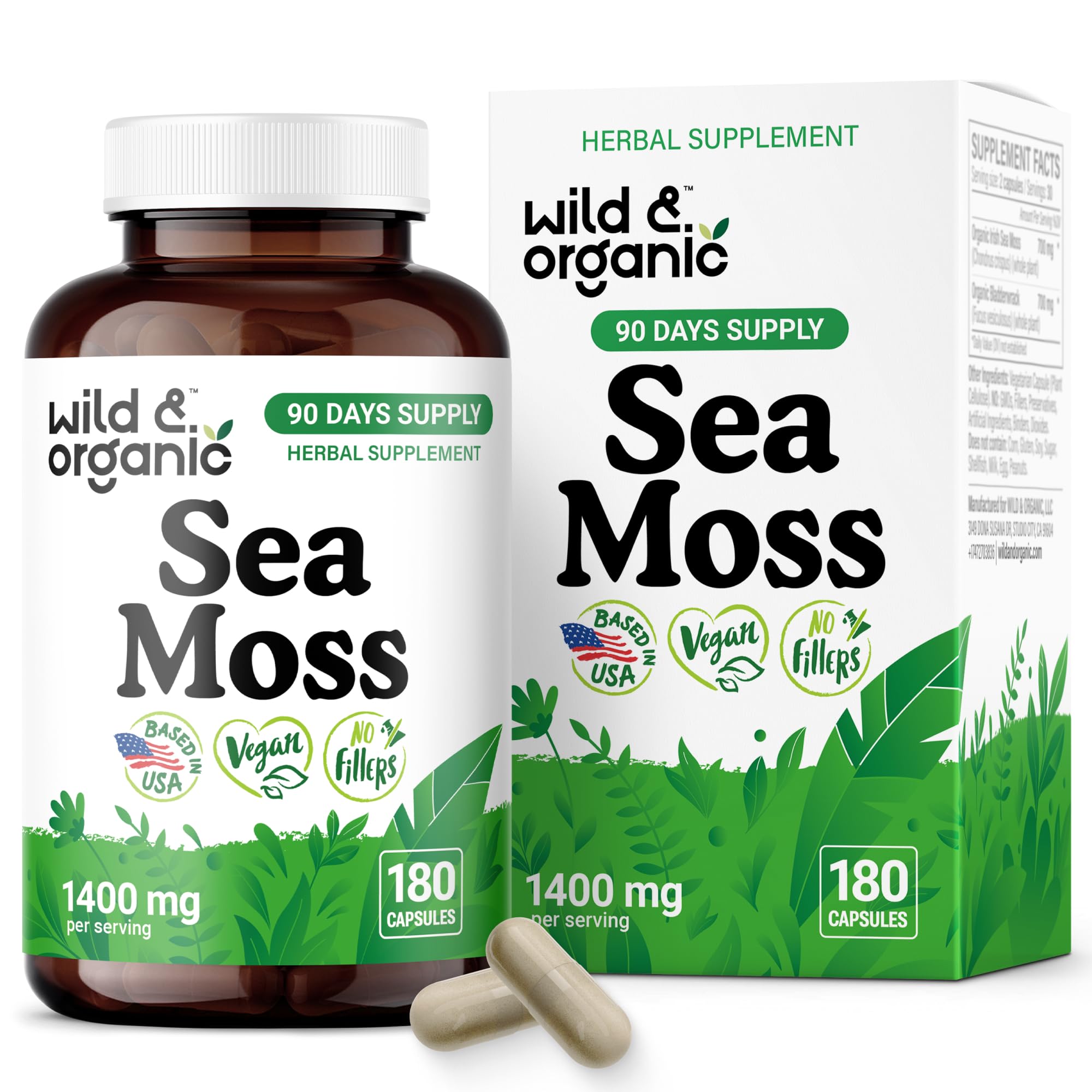 Bottle of Wild & Organic Sea Moss Capsules - front view