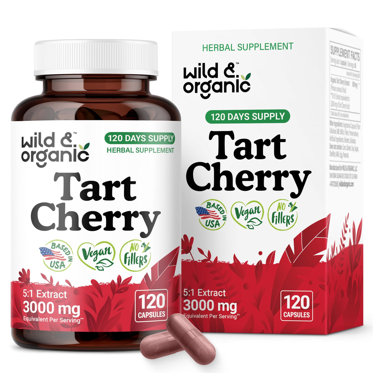 Bottle of Wild & Organic Tart Cherry Capsules 600 mg for uric acid support
