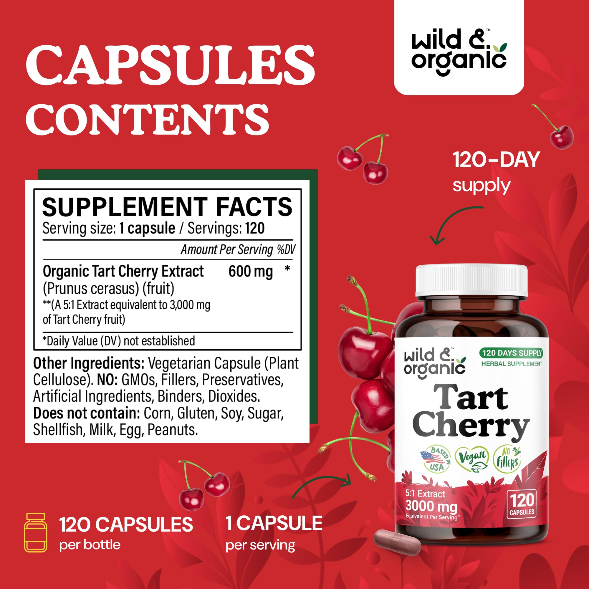 Wild & Organic Tart Cherry Capsules bottle with label