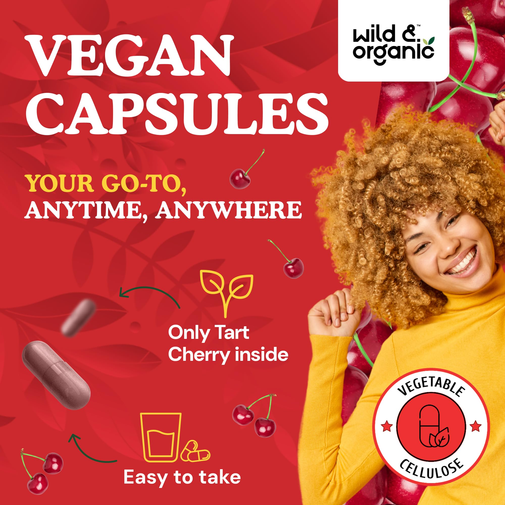 Vegan tart cherry capsules with vegetable cellulose coating