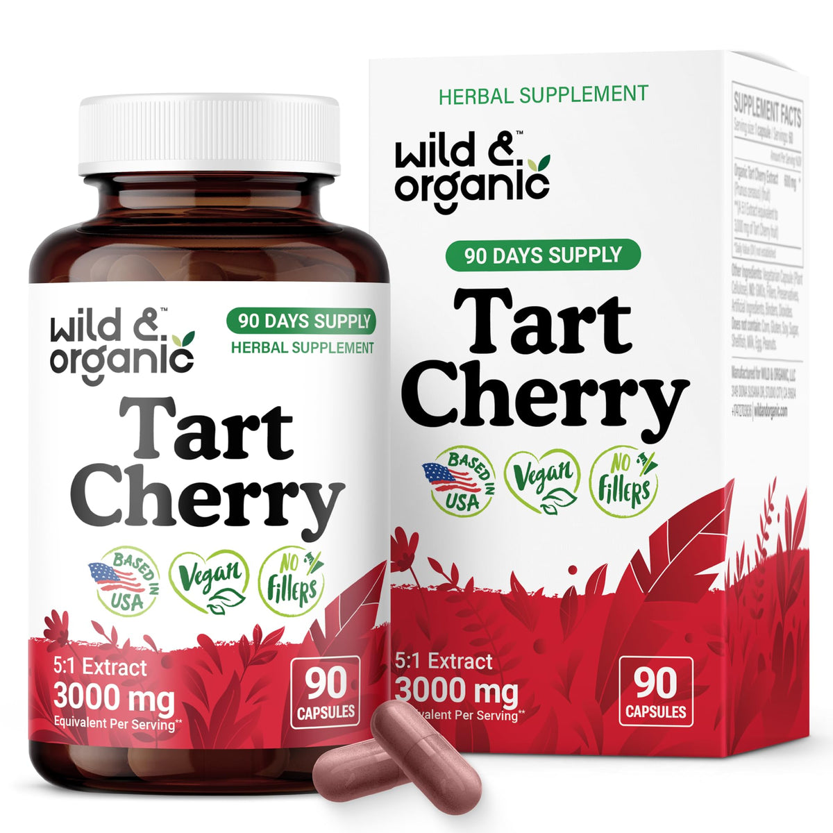 Wild & Organic Tart Cherry Capsules bottle and packaging on white background