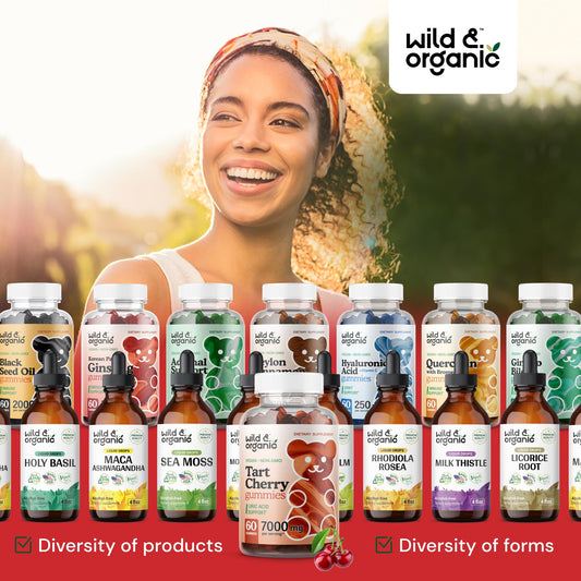 Bottle of Wild & Organic Tart Cherry Gummies showing 60 chews