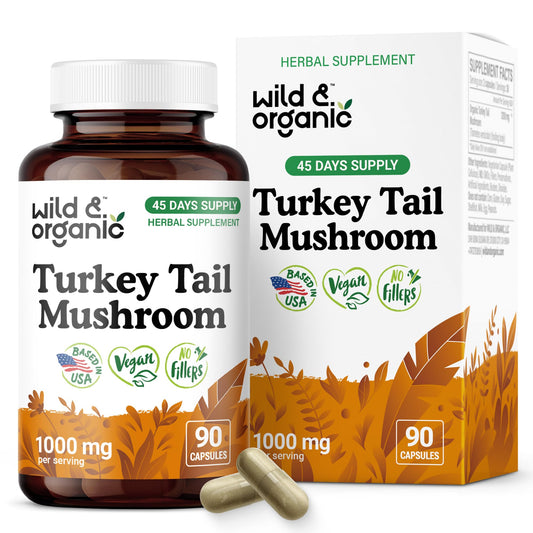 Wild & Organic Turkey Tail Mushroom Capsules bottle showing 1000 mg per serving
