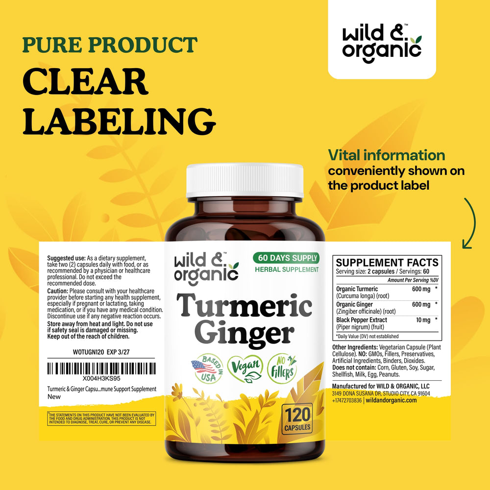Bottle of Wild & Organic Turmeric & Ginger Capsules – non-GMO, no fillers