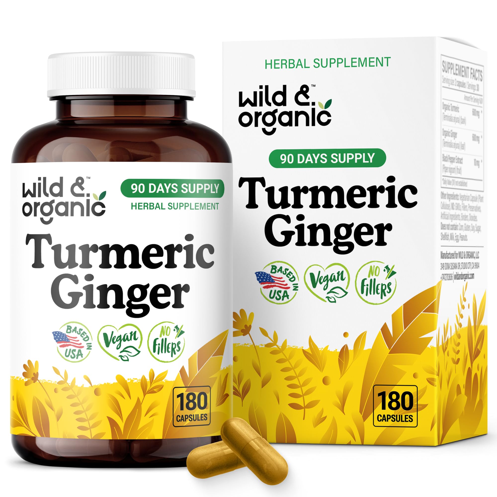 Packaging front for Wild & Organic Turmeric & Ginger Capsules