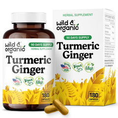 Packaging front for Wild & Organic Turmeric & Ginger Capsules