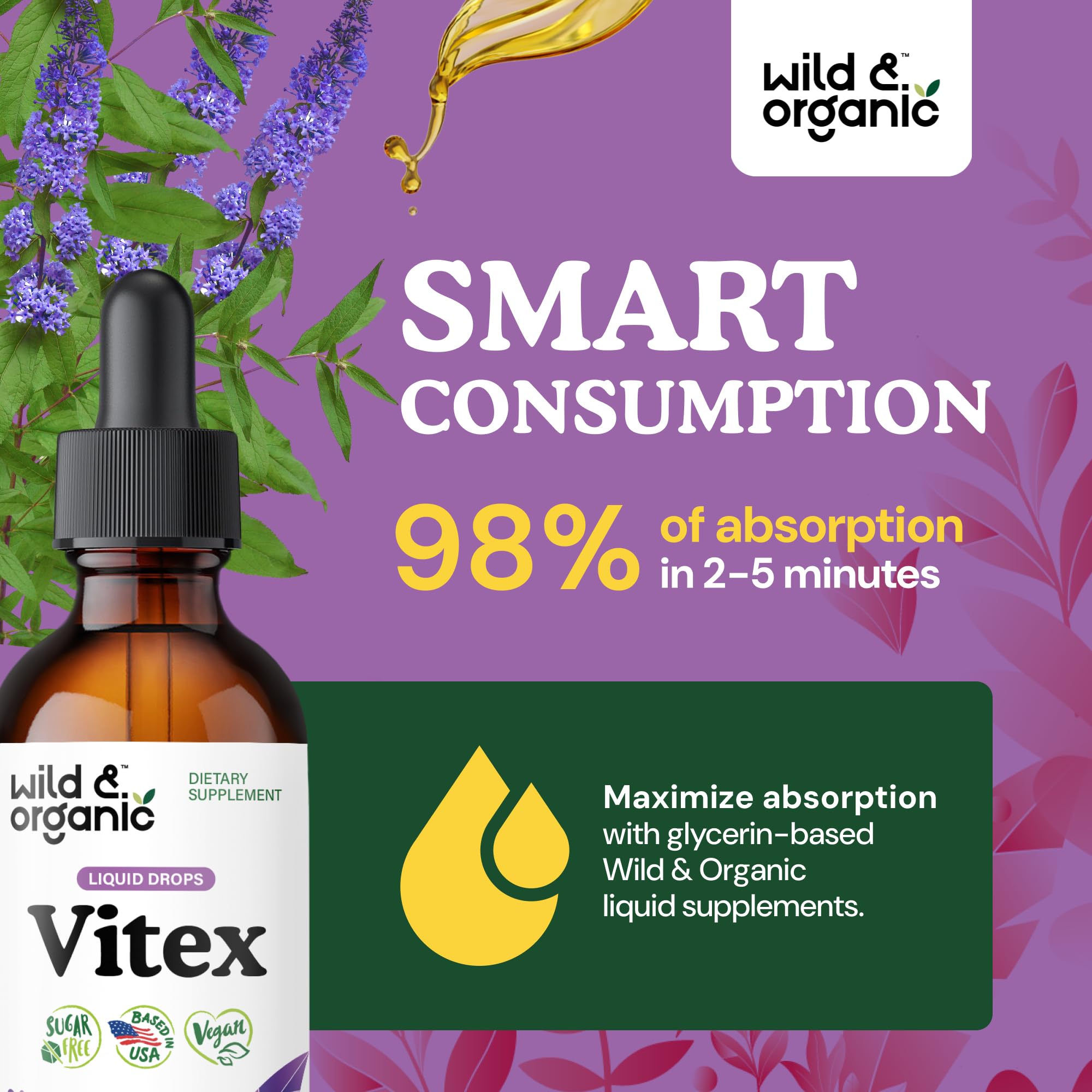 Wild & Organic Vitex tincture amber bottle on shelf emphasizing alcohol-free formula.