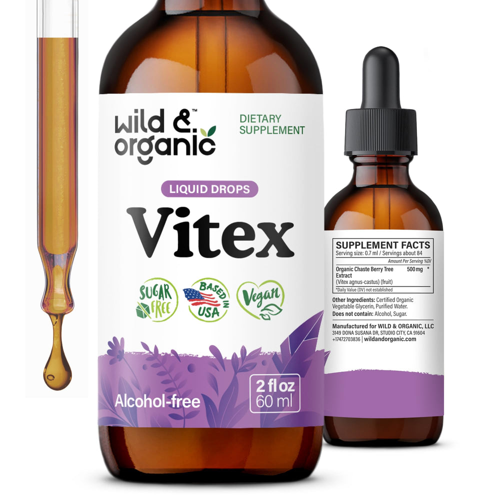 Wild & Organic Vitex tincture bottle front view showing vegan, alcohol-free mood-support formula.
