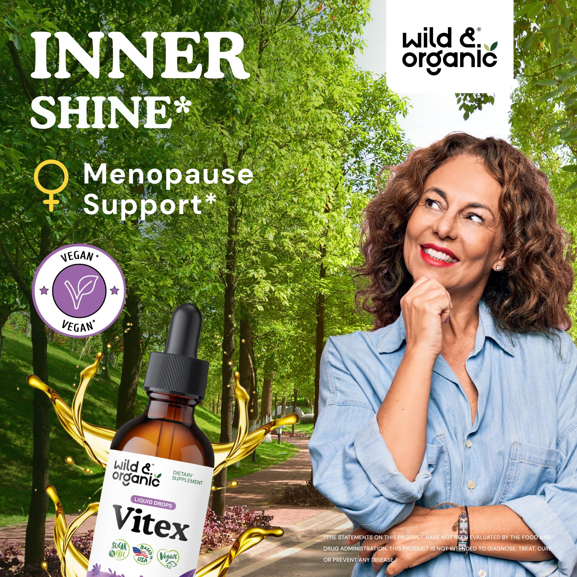 Wild & Organic Vitex tincture dropper dispensing drops for easy daily mood support.