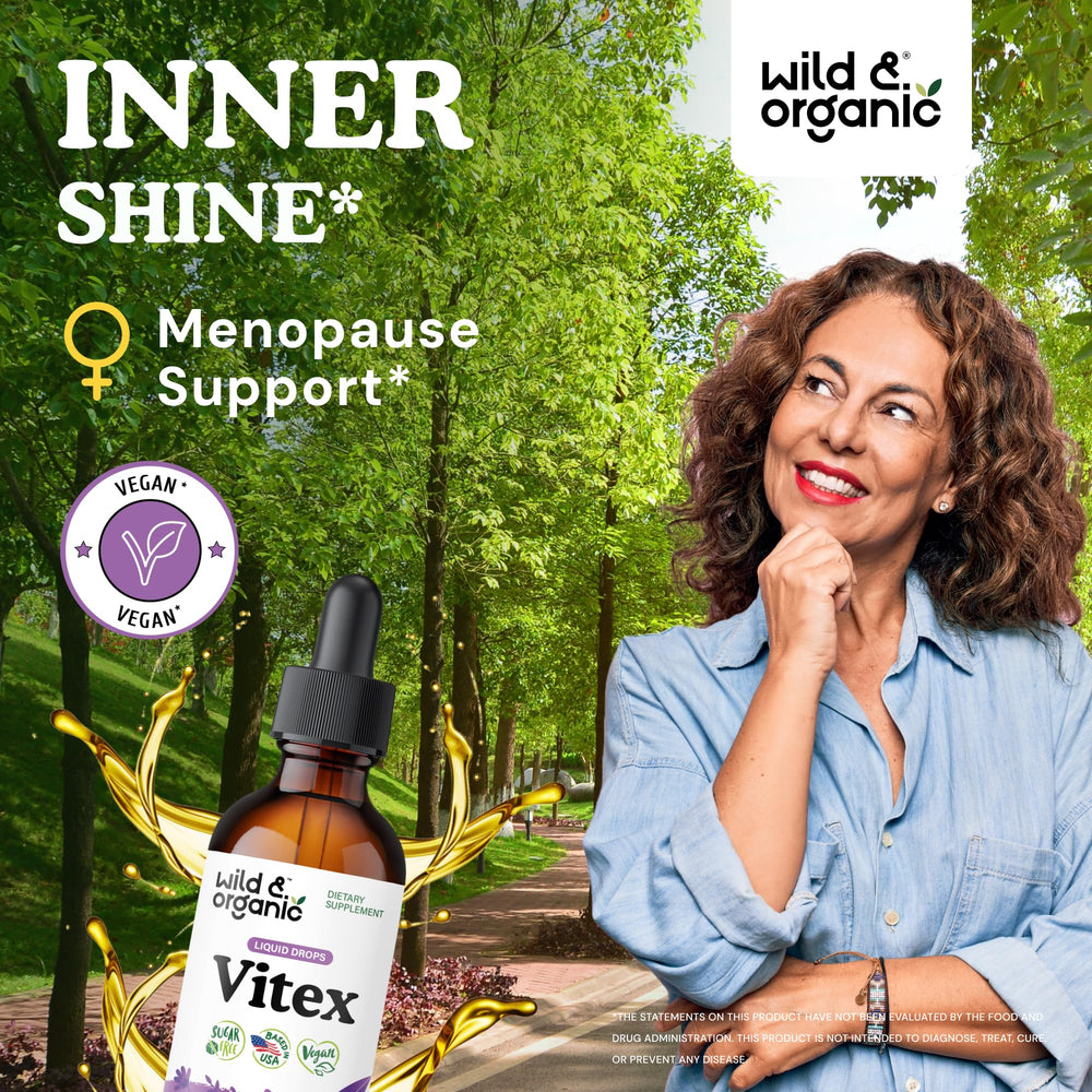 Wild & Organic Vitex tincture dropper dispensing drops for easy daily mood support.