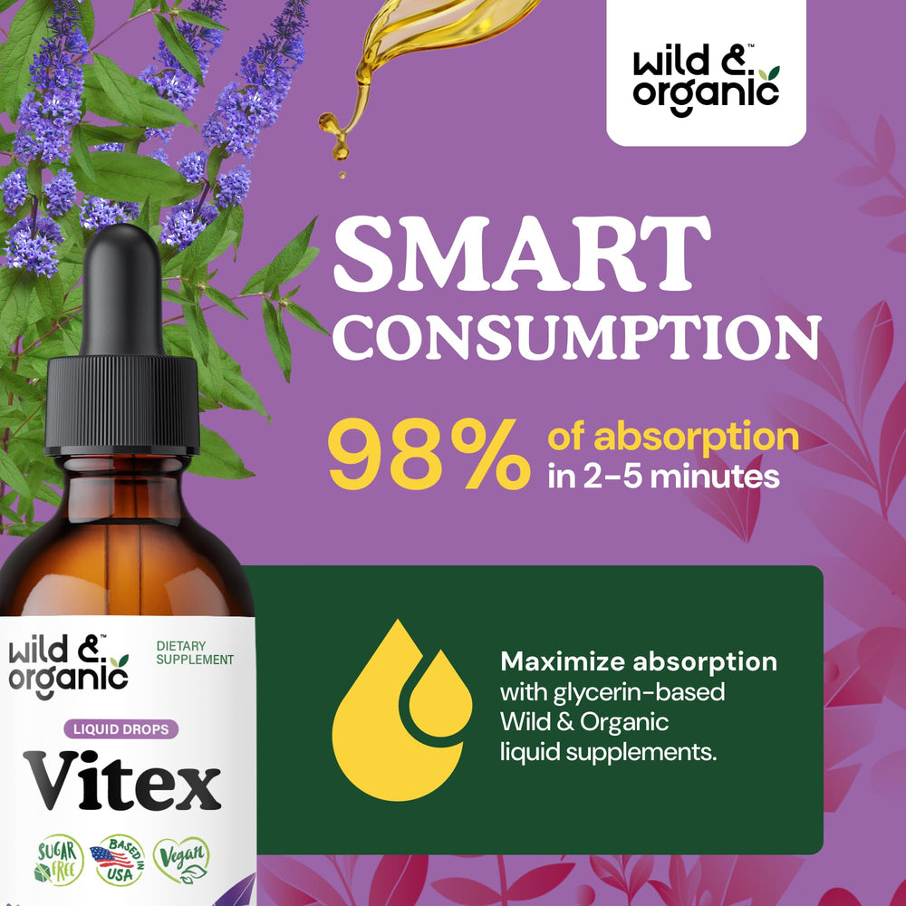Wild & Organic Vitex tincture ingredients glycerin base for gentle digestion.