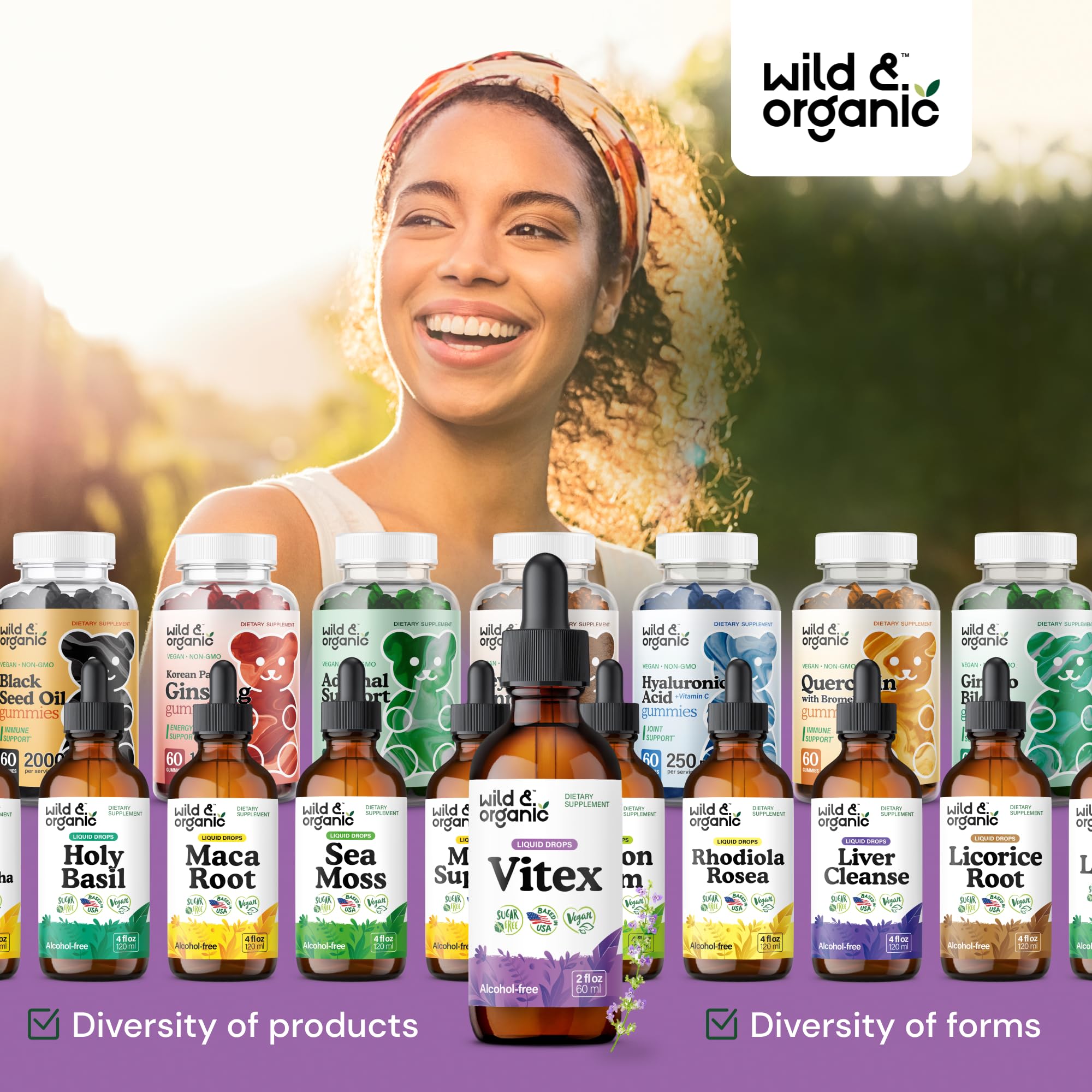 Wild & Organic Vitex tincture label close-up highlighting clean vegan, GMO-free ingredients.