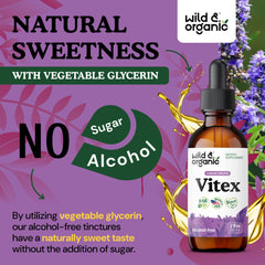 Wild & Organic Vitex tincture bottle with glass dropper, showcasing usage context.