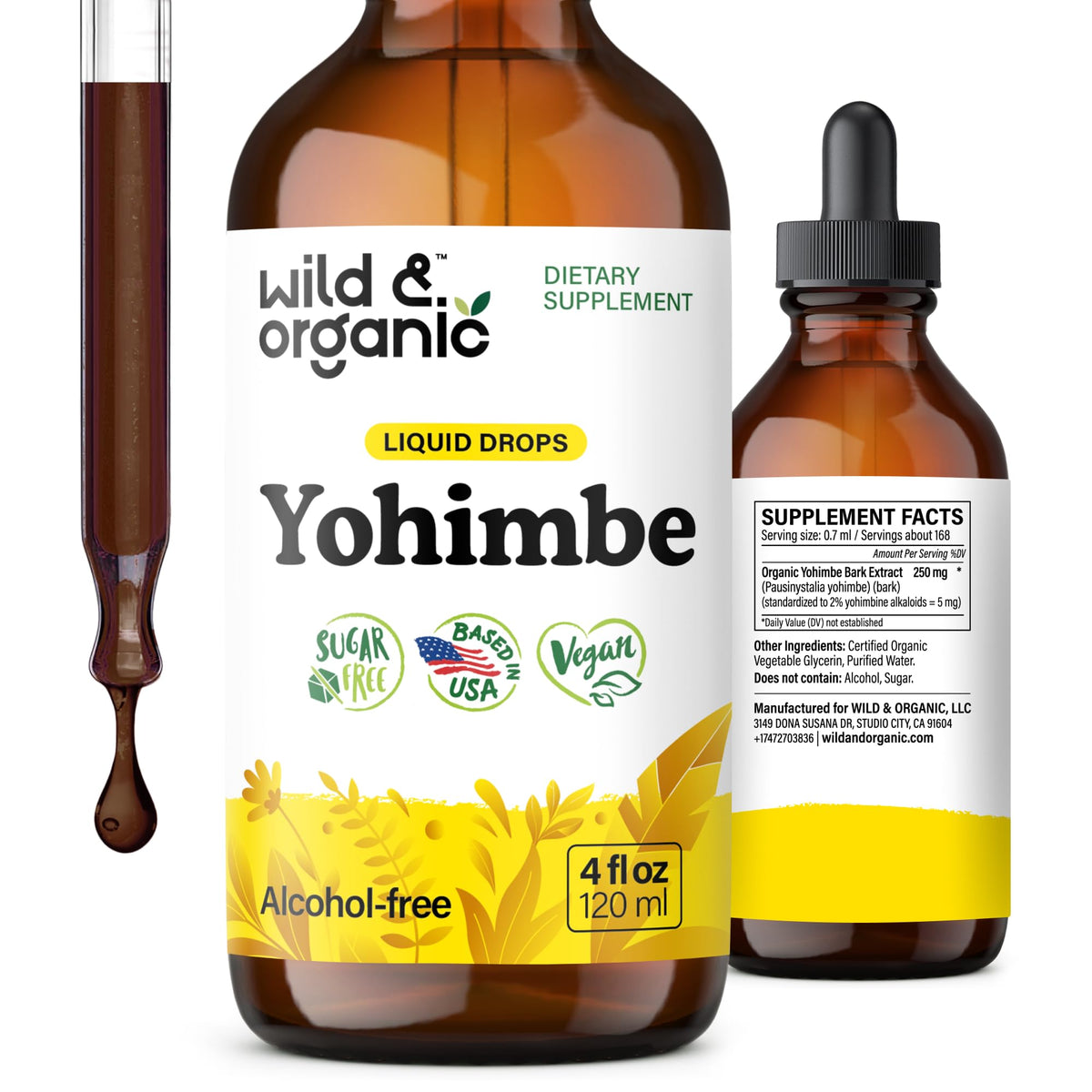Front view of Wild & Organic Yohimbe Drops bottle