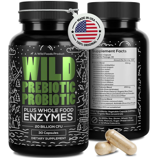 Front view of Wild Prebiotics and Probiotics bottle with Digestive Enzymes