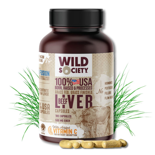 WILD SOCIETY USA Grass-Fed Beef Liver Capsules bottle on white background