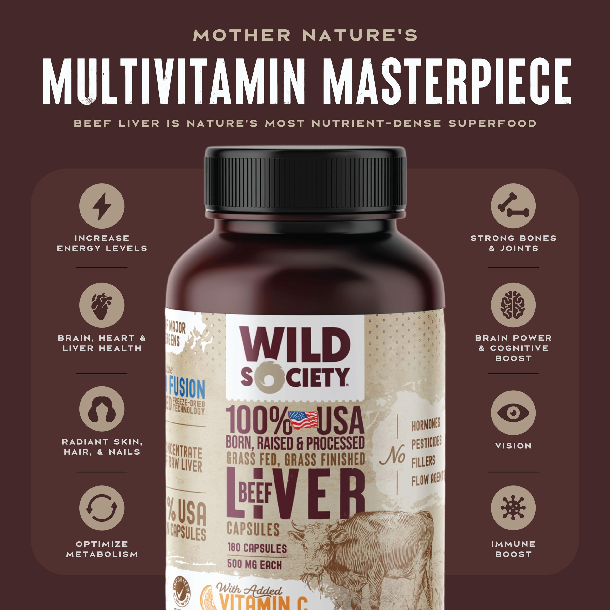 Bottle and packaging for WILD SOCIETY Beef Liver Capsules