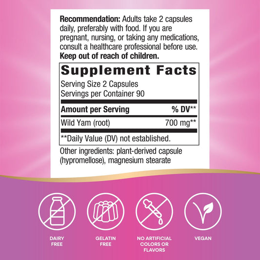 Two wild yam root capsules representing 700 mg per serving