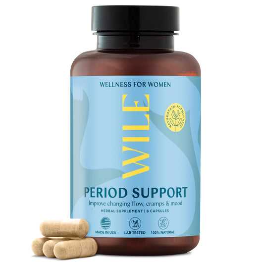 WILE menopause bottle on shelf suggests a convenient path to period relief and mood balance.