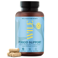 WILE menopause bottle on shelf suggests a convenient path to period relief and mood balance.
