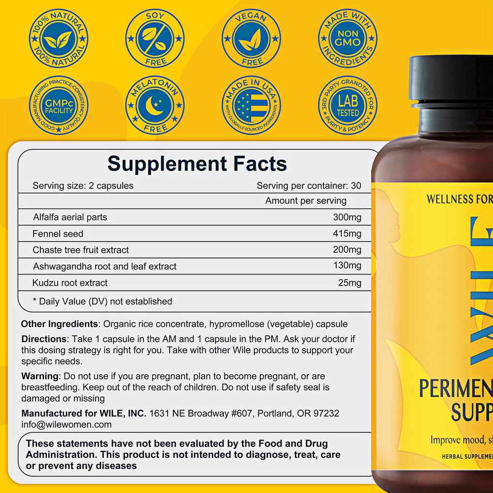 WILE herbal blend ingredients close-up showing alfalfa fennel and ashwagandha benefits.