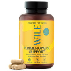 WILE menopause supplements ashwagandha bottle supports restful sleep and balanced mood.