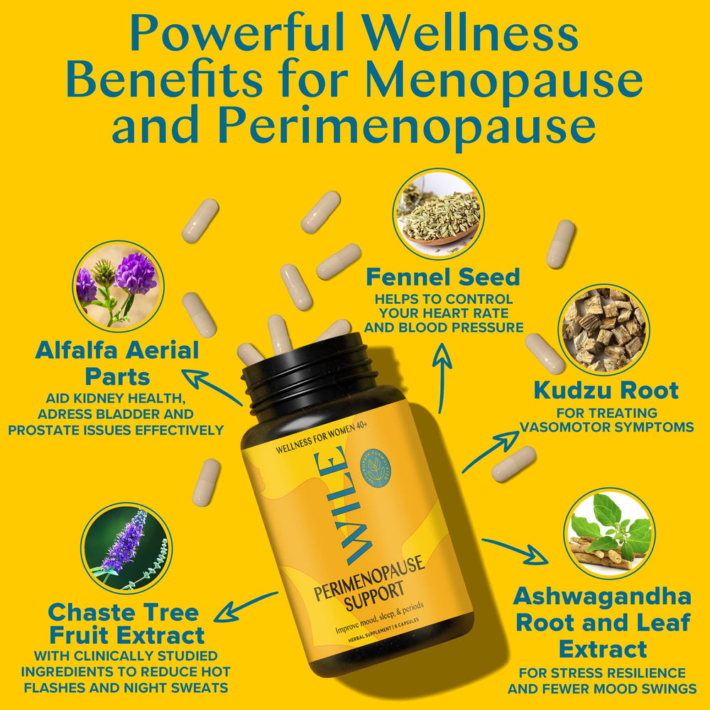 WILE night sleep support capsules close-up highlight plant-based menopausal comfort.