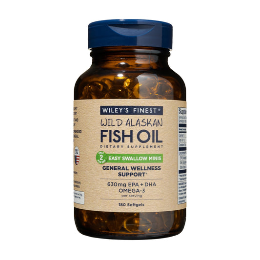 Wiley's Finest Wild Alaskan Fish Oil Easy Swallow Minis bottle with label