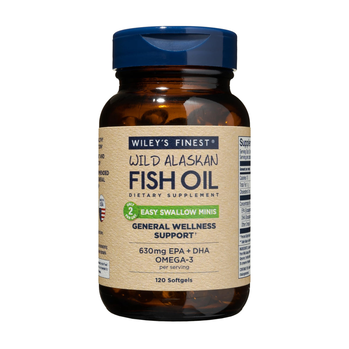 Bottle and packaging of Wiley's Finest Wild Alaskan Fish Oil Easy Swallow Minis
