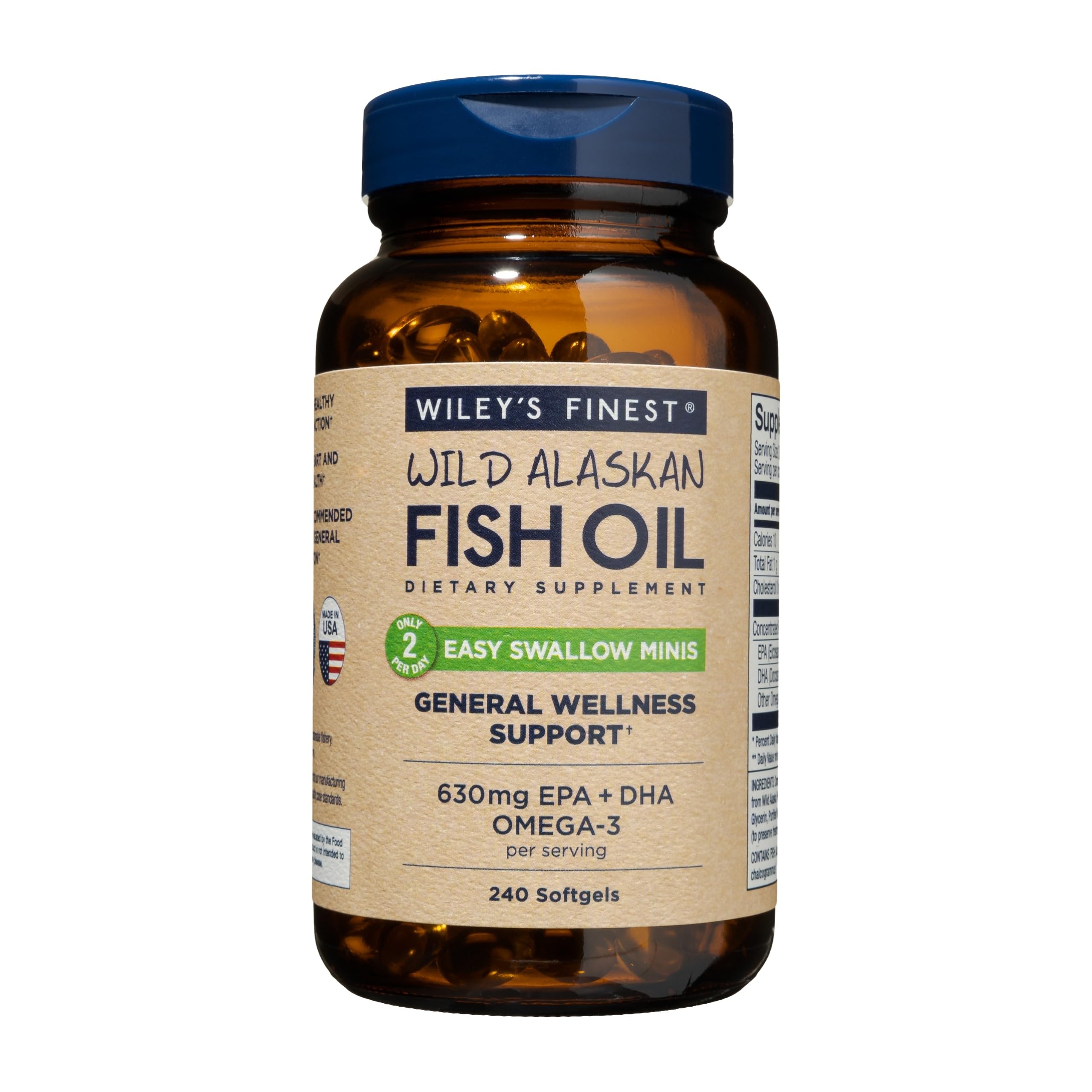 Bottle and label of Wiley's Finest Easy Swallow Minis fish oil