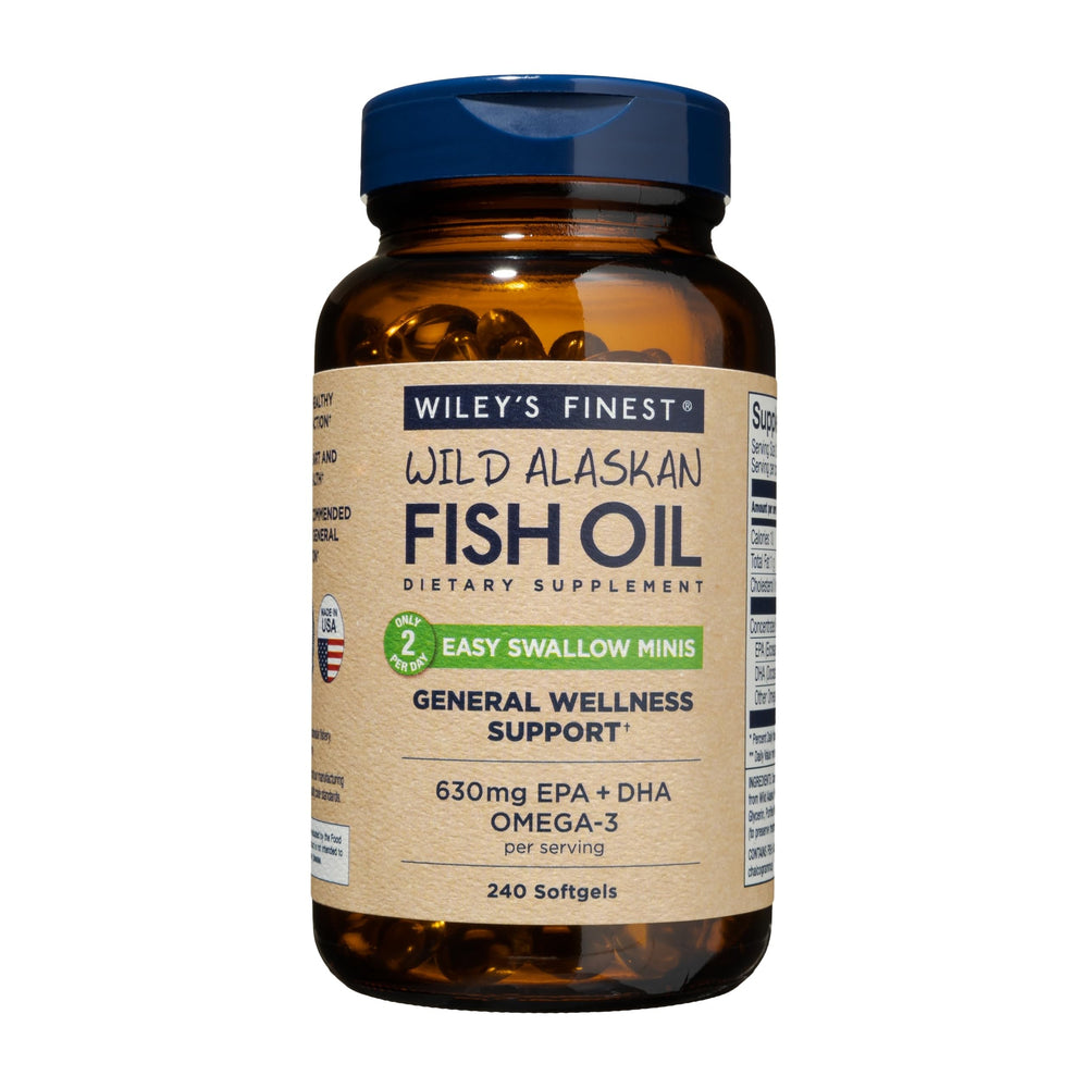 Bottle and label of Wiley's Finest Easy Swallow Minis fish oil