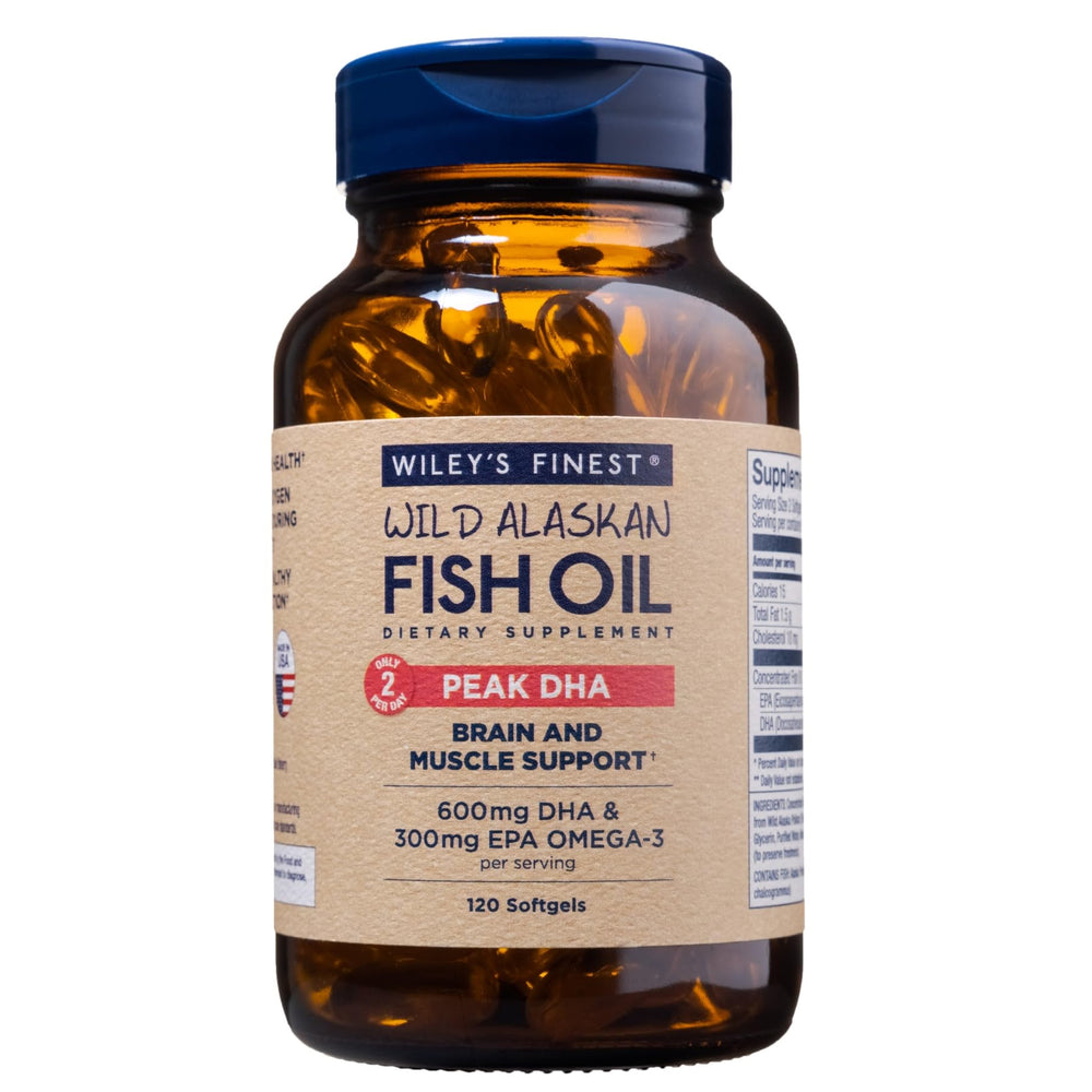 Wiley's Finest Wild Alaskan Fish Oil Peak DHA 900 mg bottle with 120 softgels