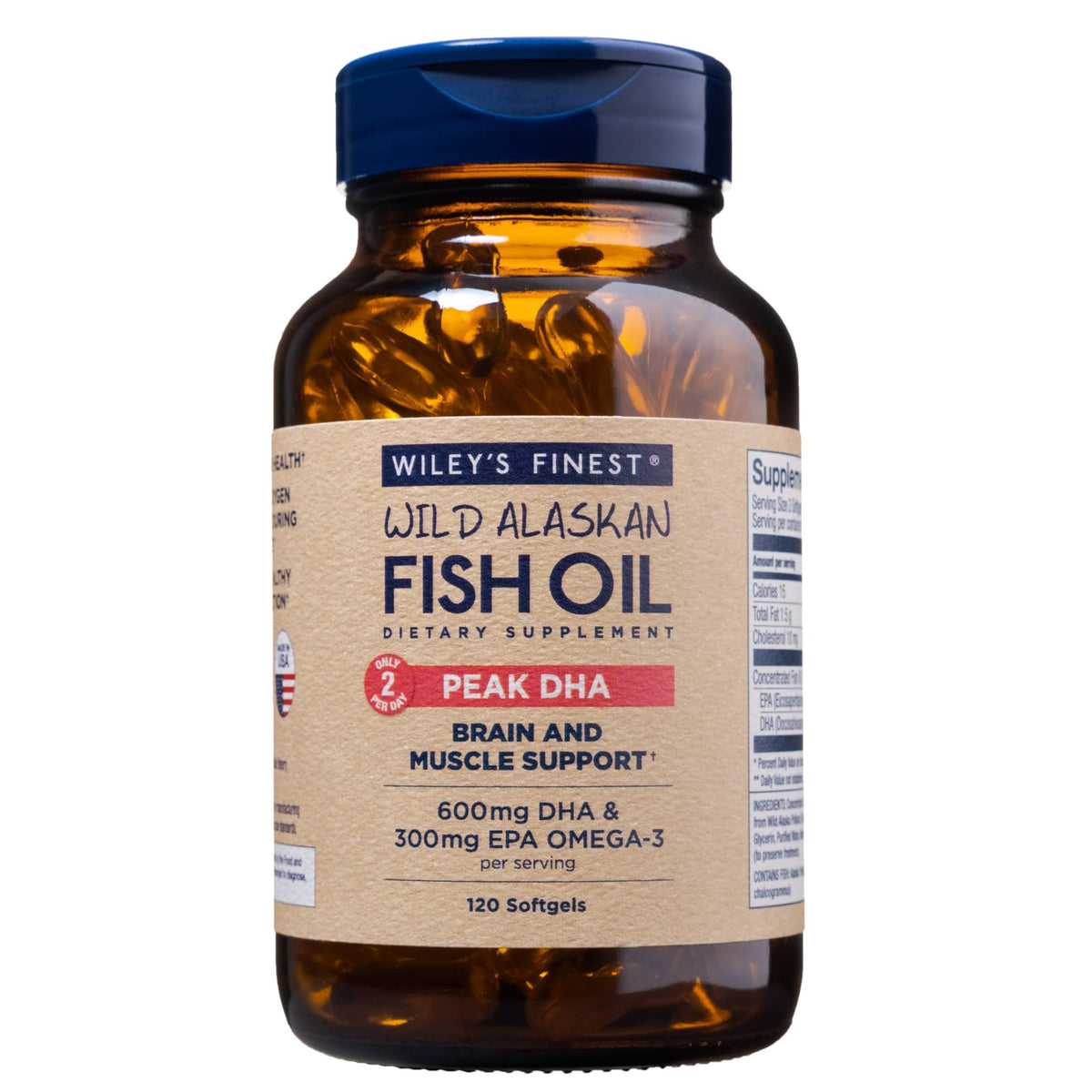 Wiley's Finest Wild Alaskan Fish Oil Peak DHA 900 mg bottle with 120 softgels